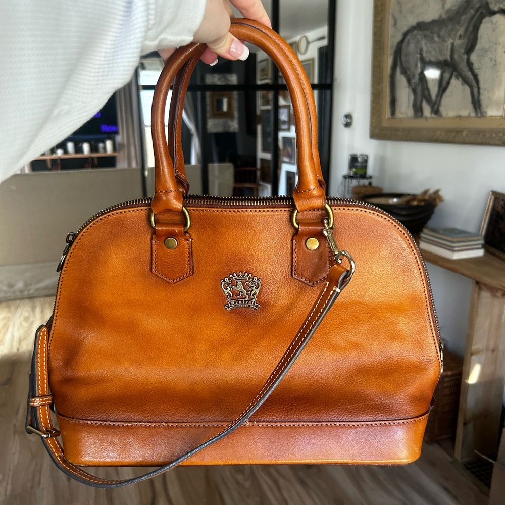 PRATESI FIRENZE MADE IN ITALY REAL LEATHER BRUCE BUGATTI DOME ZIP SATCHEL COGNAC